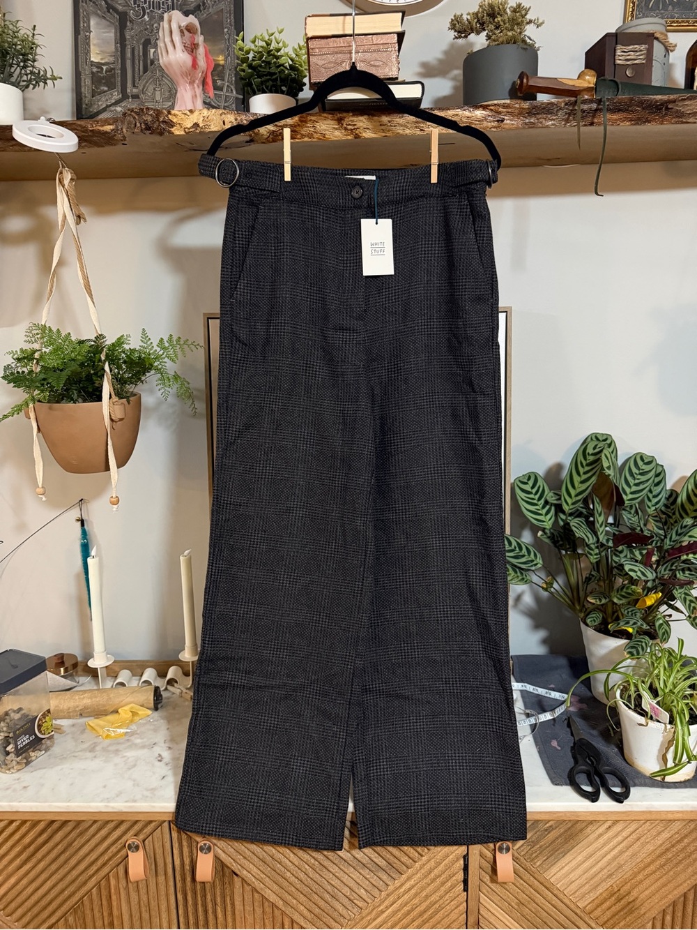NWT White Stuff Tweed Belted Tailored Wide Leg Black Plaid Dress Pants